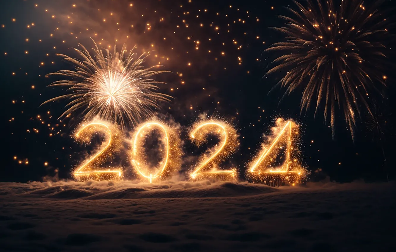 Photo wallpaper salute, figures, New year, golden, numbers, New year, 2024, fieworks