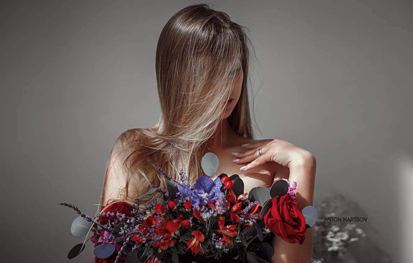 Photo wallpaper long hair, flowers, model, women, brunette, Anton Harisov, women indoors