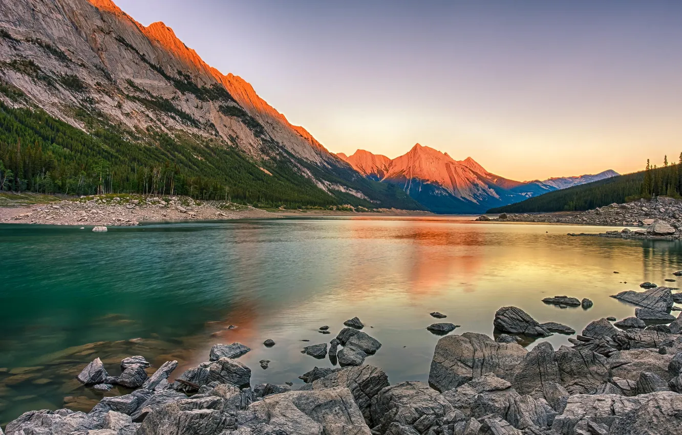 Photo wallpaper forest, trees, sunset, mountains, nature, river