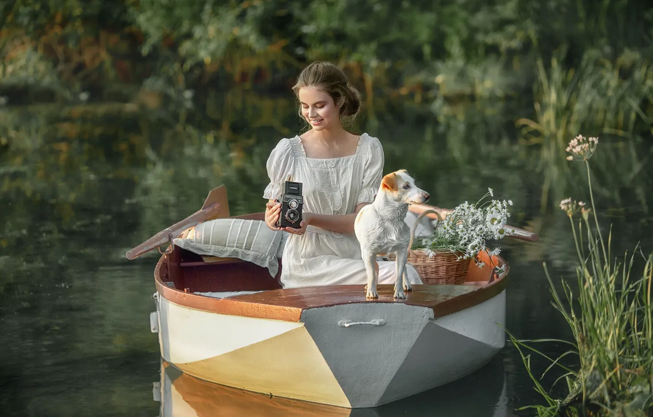 Photo wallpaper summer, girl, flowers, nature, smile, river, photo, boat