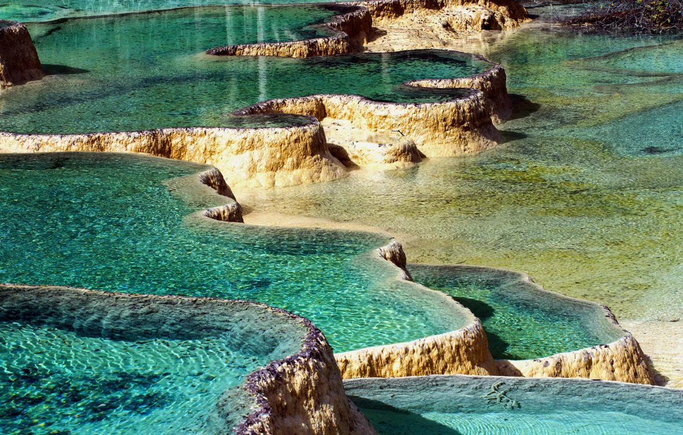 Photo wallpaper China, China, pools, Sichuan province, Huanglong, Sichuan Province, Travertine pools at Huanglong
