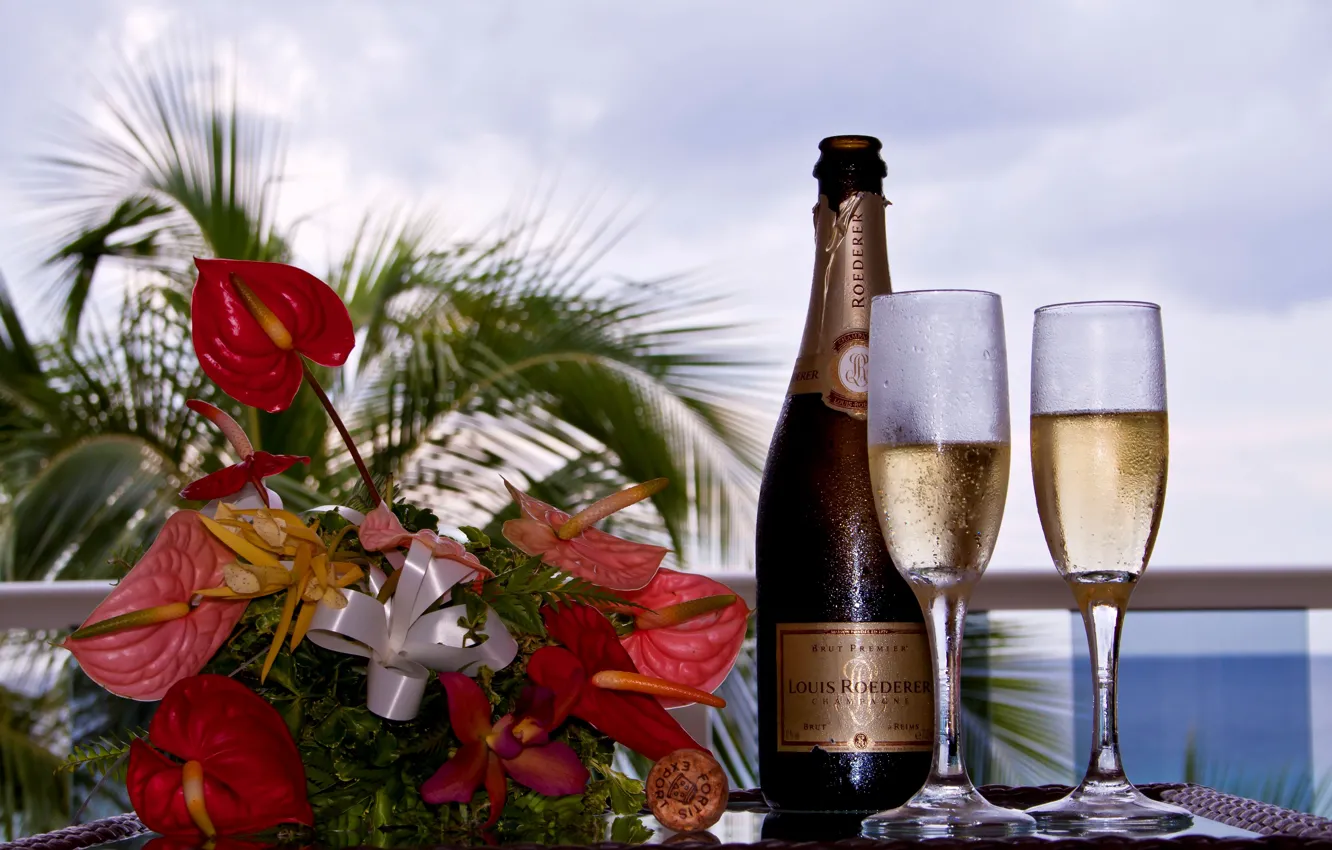 Photo wallpaper flowers, background, bottle, bouquet, blur, tube, champagne, glasses