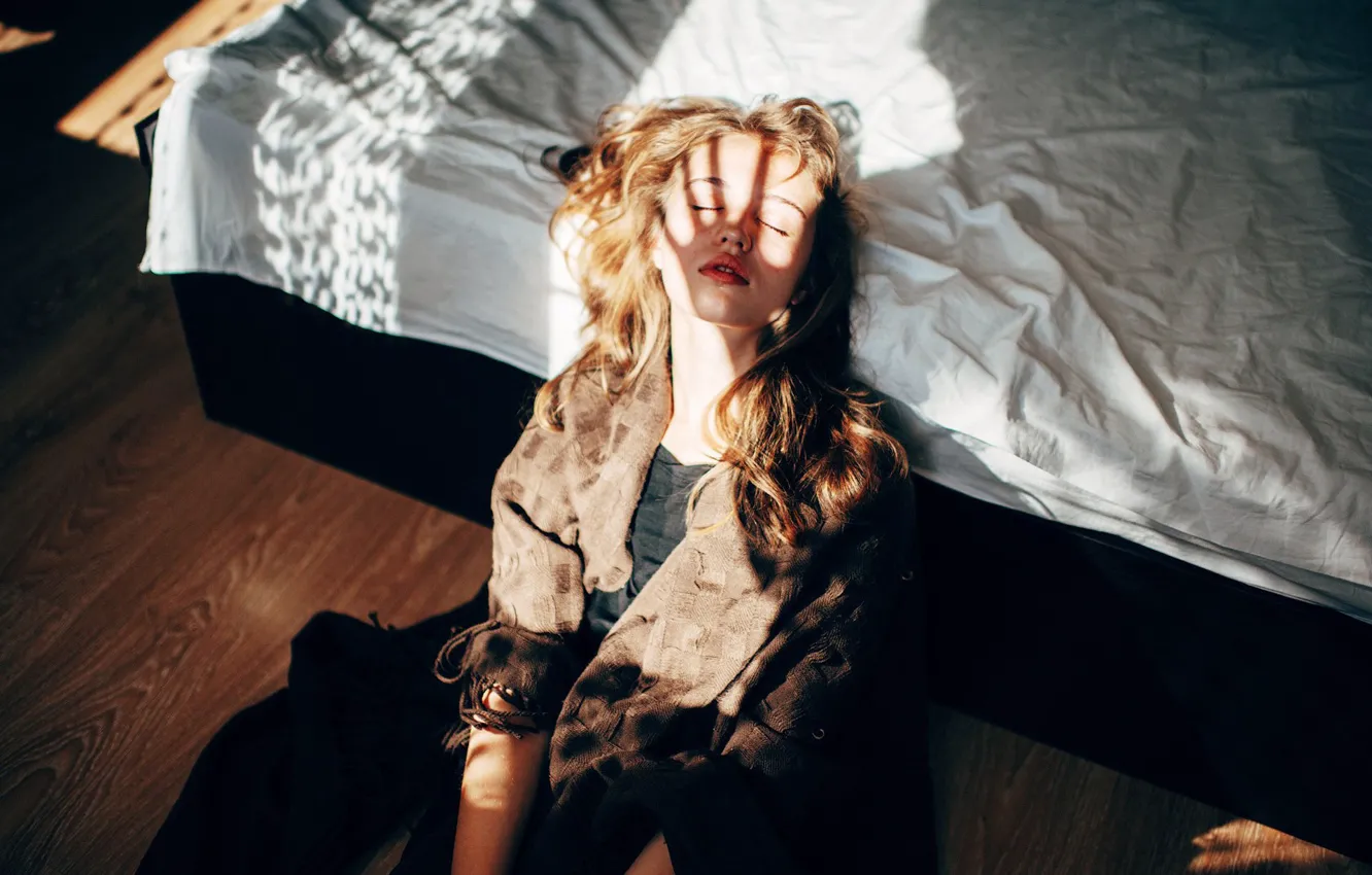 Photo wallpaper girl, mood, bed, blonde, floor, closed eyes