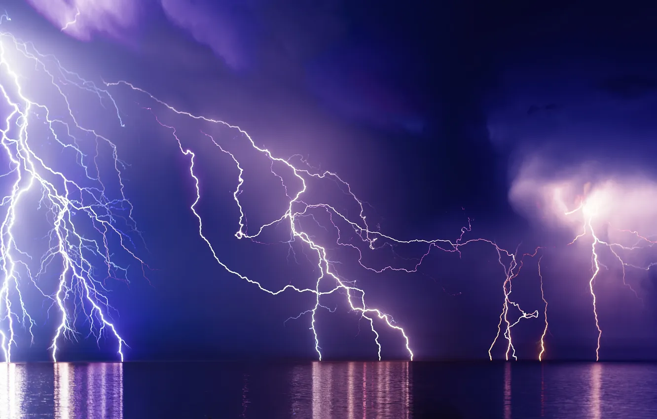 Photo wallpaper light, rain, nature, lightning, night, power, flash, heavy