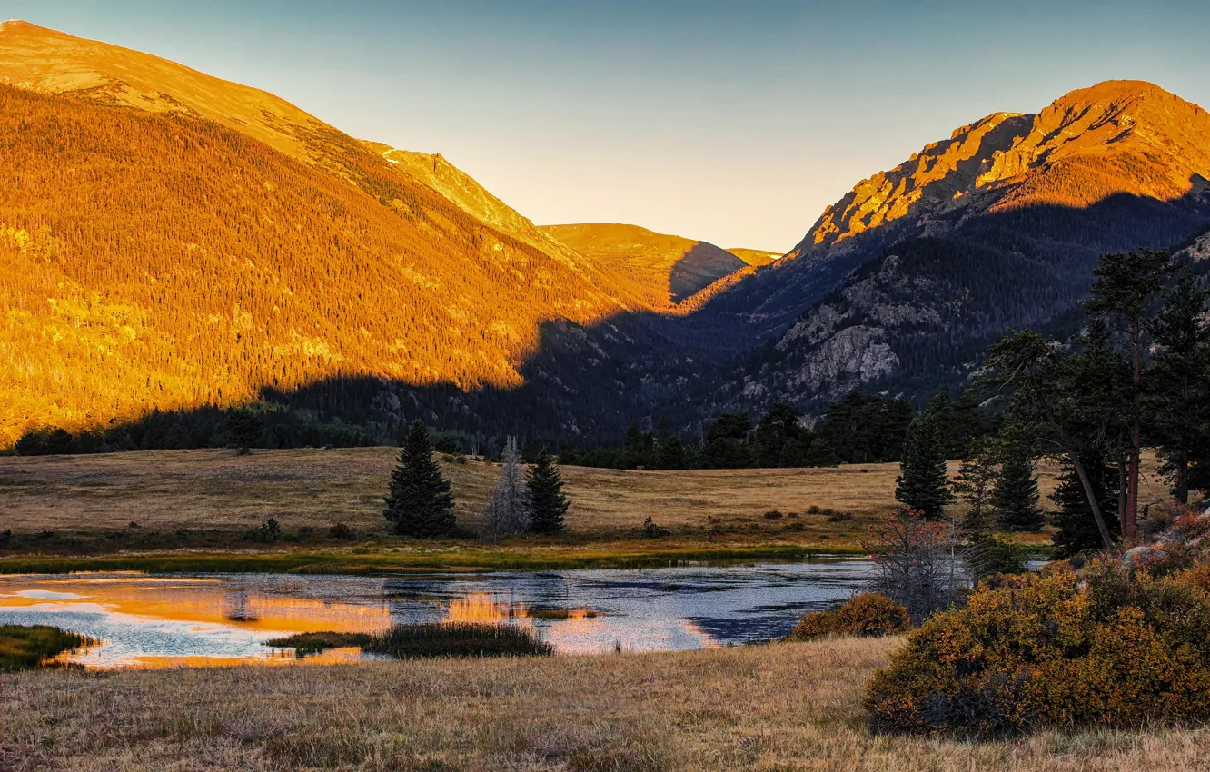 Photo wallpaper autumn, forest, the sky, light, mountains, lake, reflection, rocks
