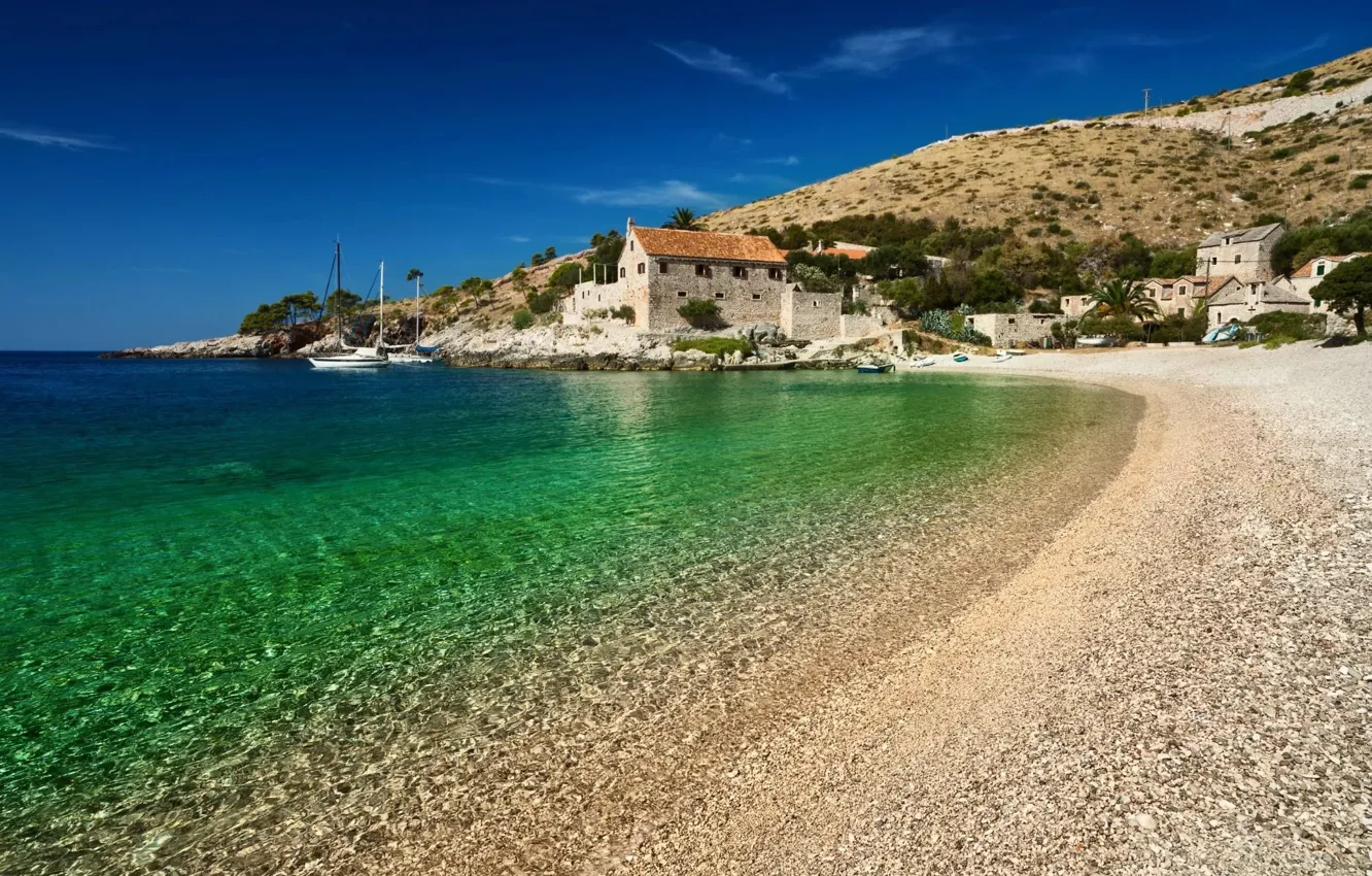 Photo wallpaper sea, beach, yachts, village, Croatia, Adriatica, Jadran, Hvar