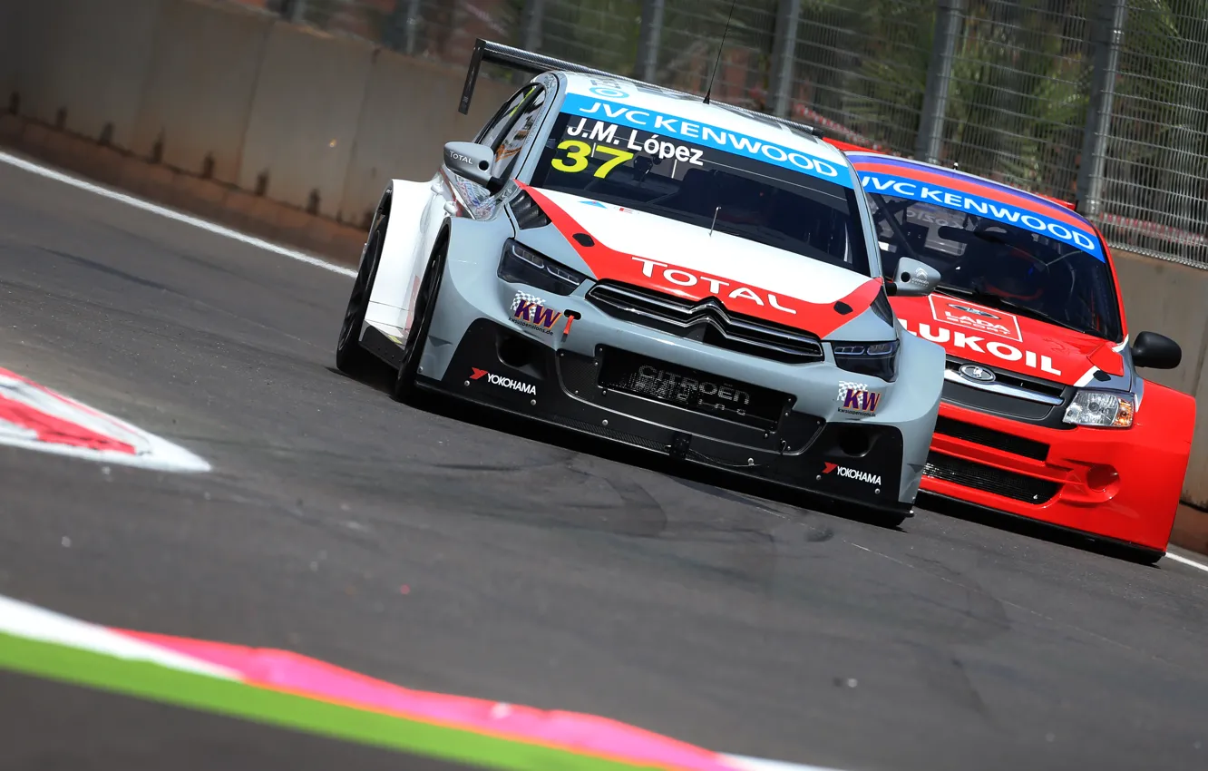 Photo wallpaper race, Citroen, the leader, WTCC, Lada Kalina, C-Elysee, Jose Maria Lopez, Mikhail Kozlovsky