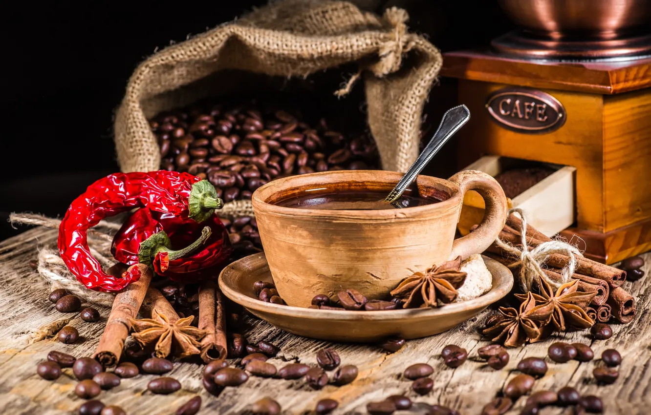 Photo wallpaper coffee, grain, Cup, pepper, hot, cinnamon, cup, beans