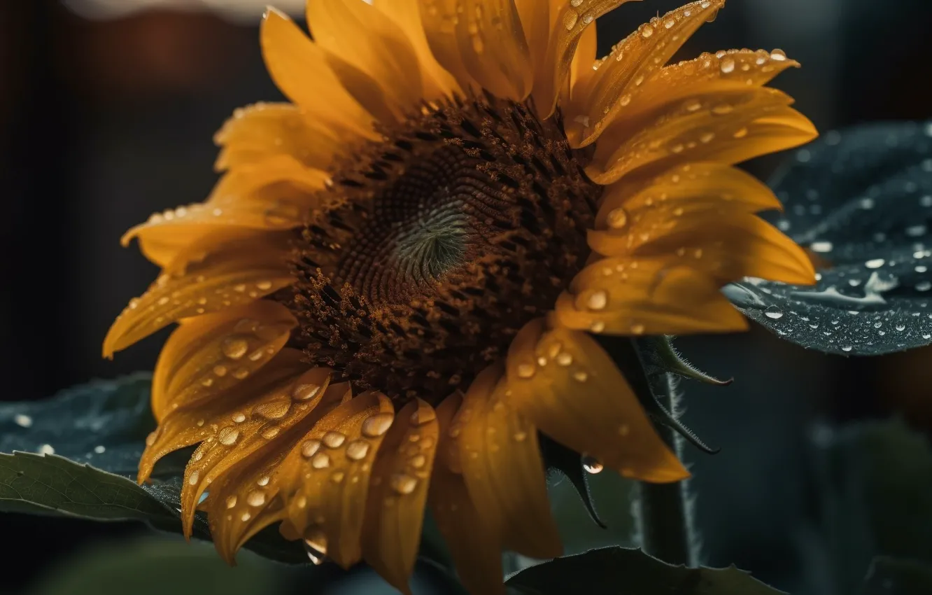 Photo wallpaper summer, leaves, drops, macro, sunflowers, flowers, yellow, nature