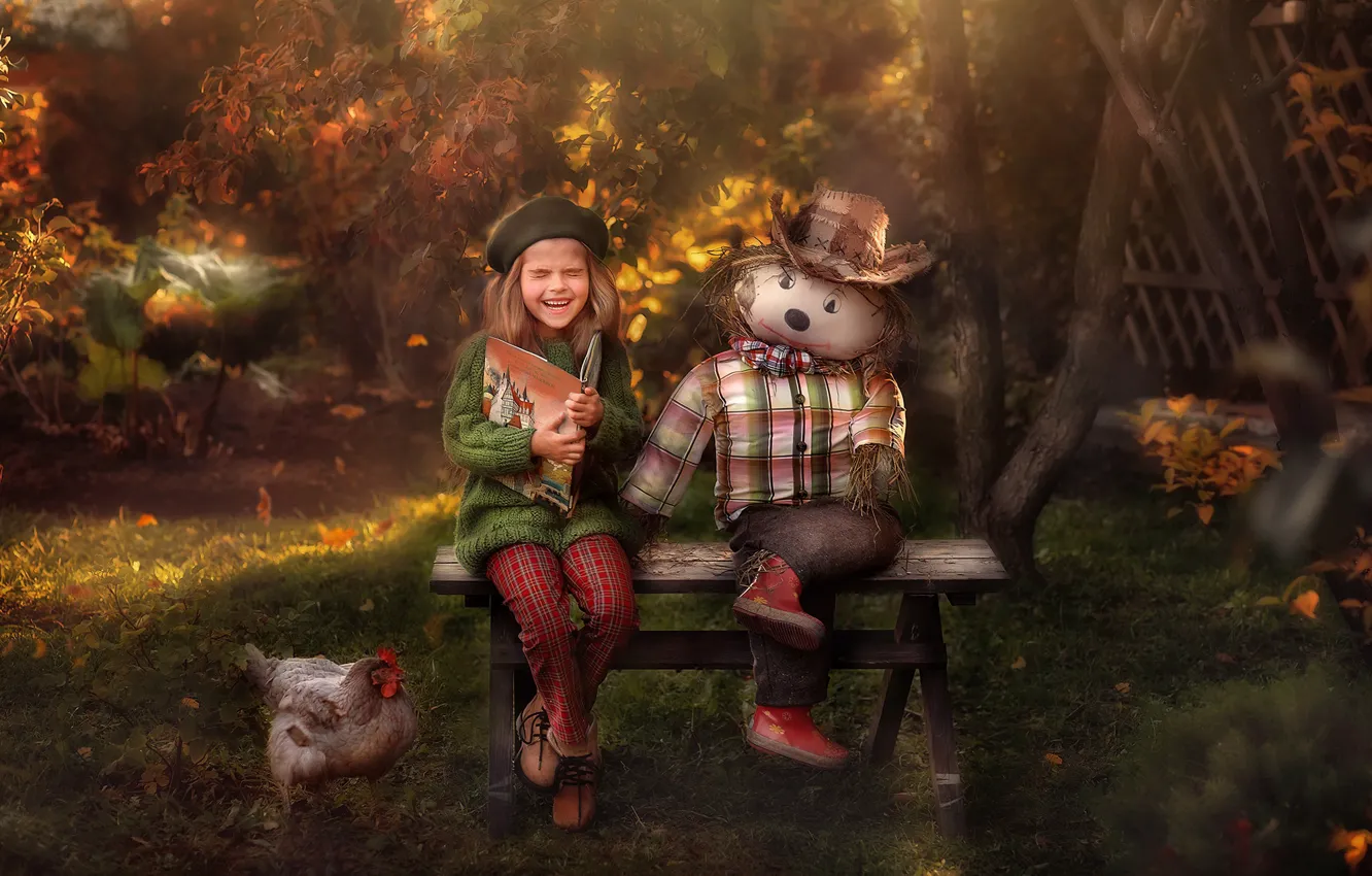 Photo wallpaper autumn, joy, nature, laughter, chicken, garden, girl, shop