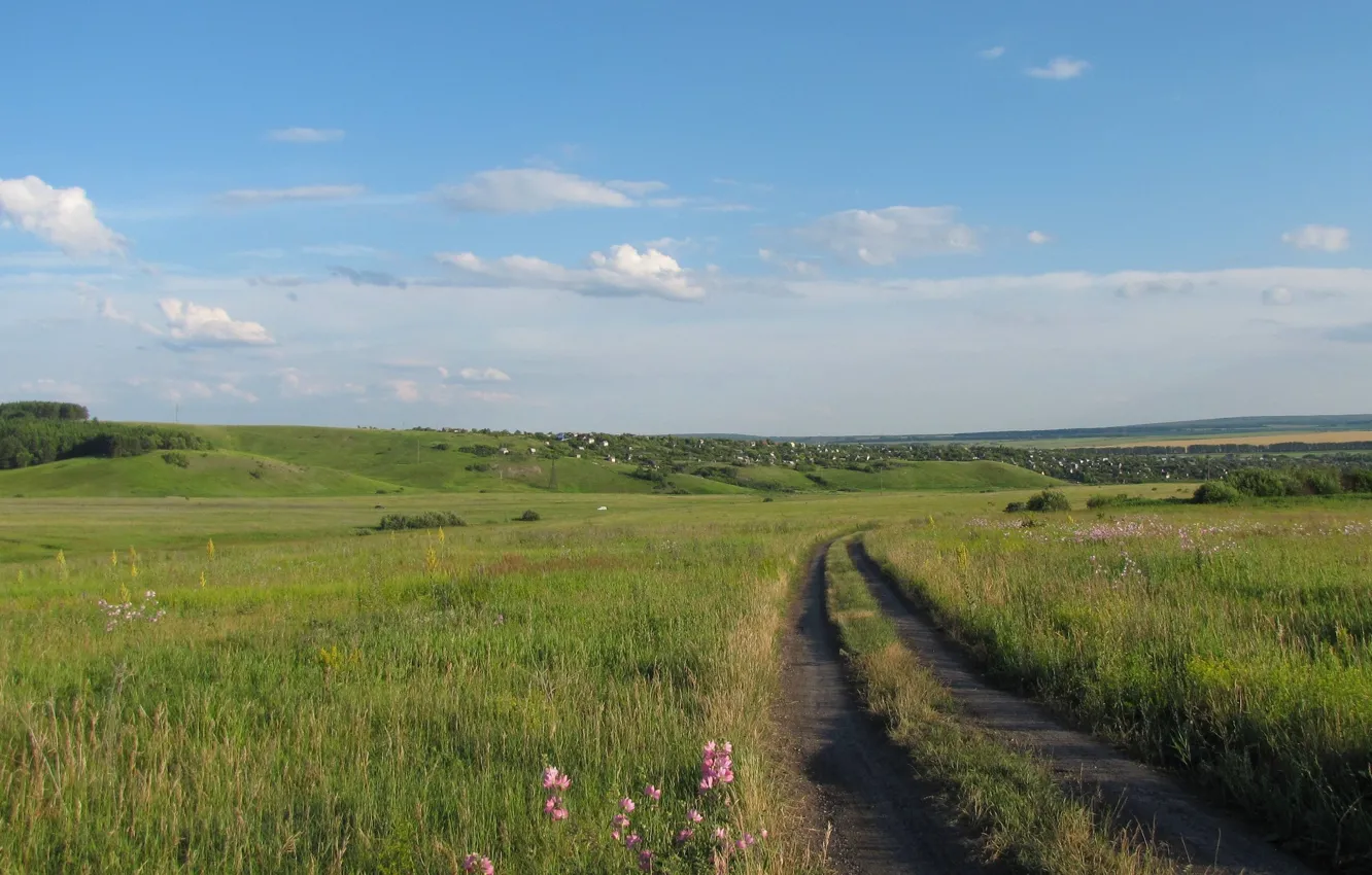 Photo wallpaper road, field, the sky, hills, village