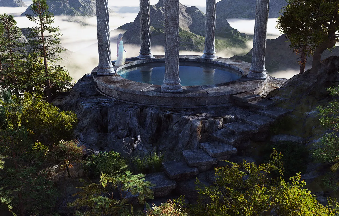 Photo wallpaper girl, clouds, landscape, mountains, height, columns, render