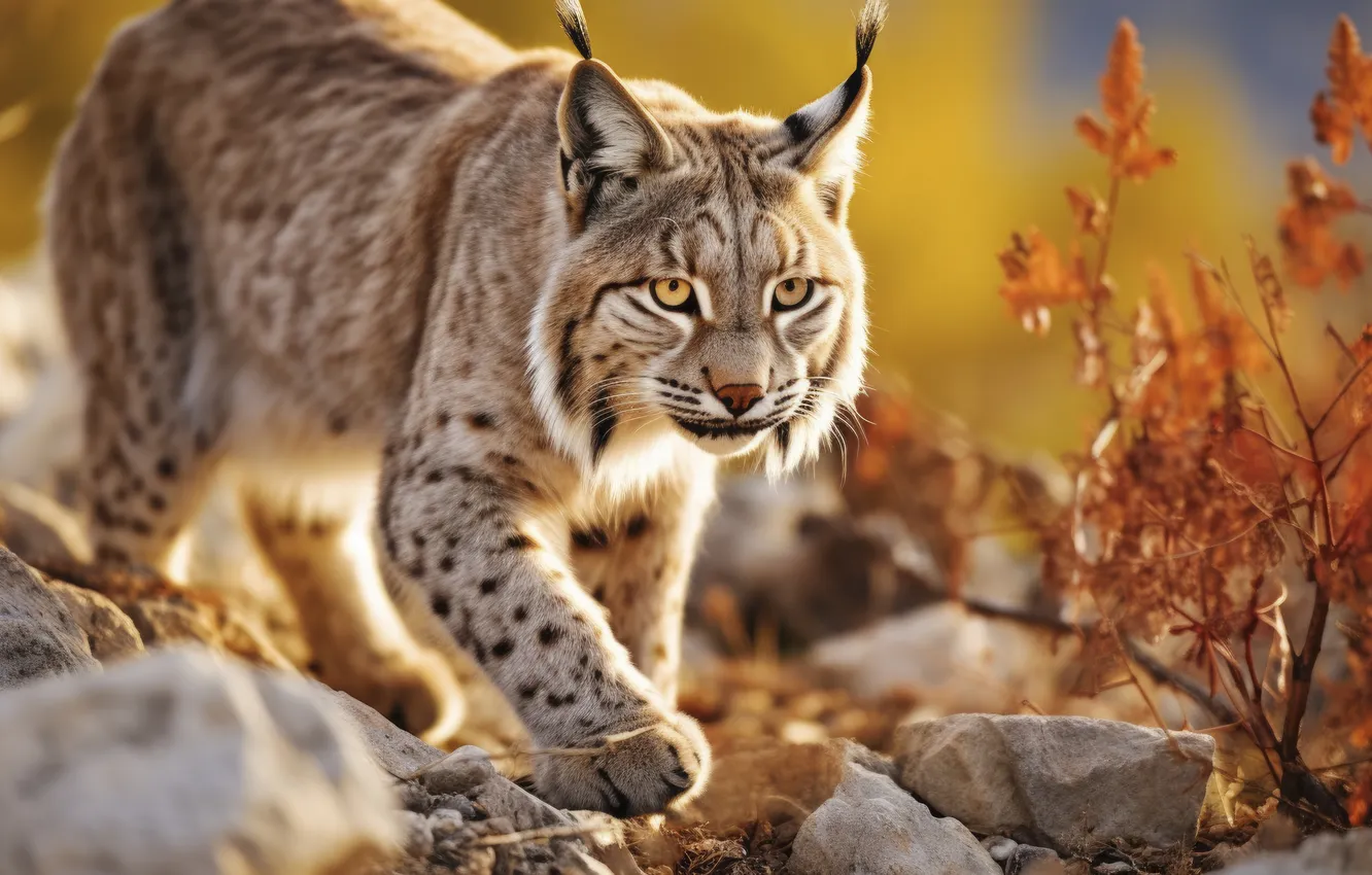 Photo wallpaper look, stones, predator, lynx, big cat, digital art, AI art, The Art of Artificial Intelligence