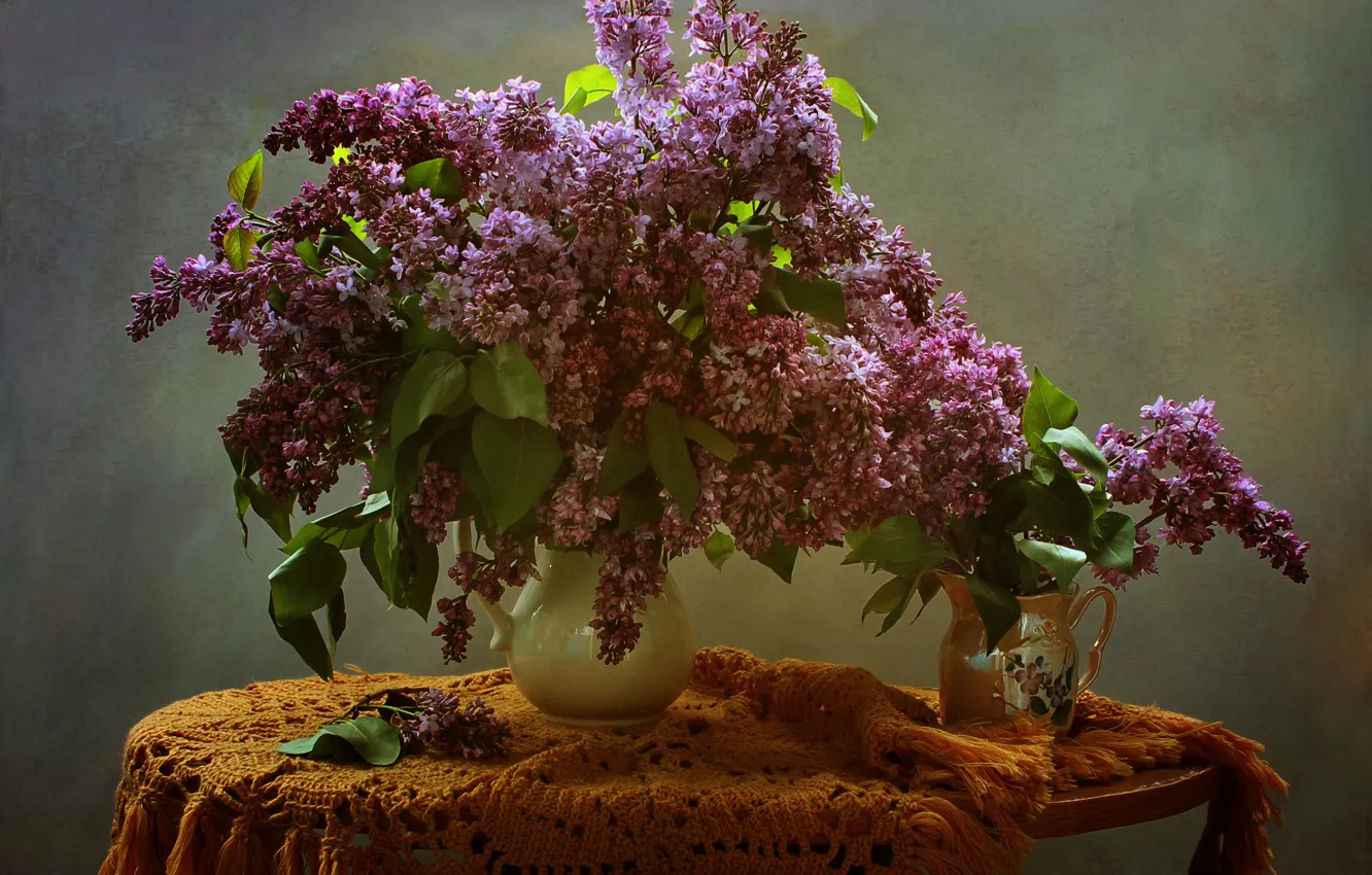 Photo wallpaper table, background, vase, lilac, tablecloth
