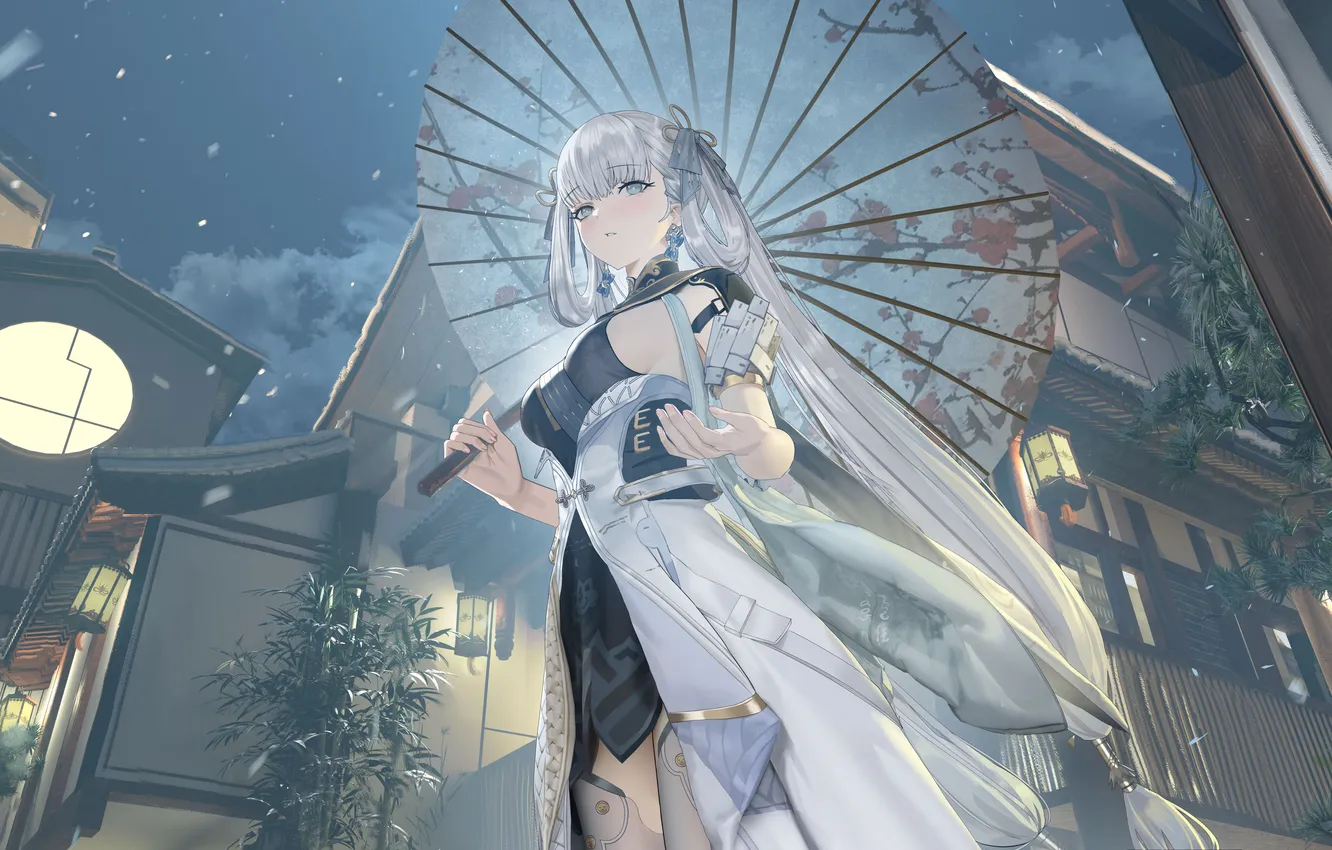 Photo wallpaper girl, street, umbrella, twilight, Wuthering Waves, Jinhsi