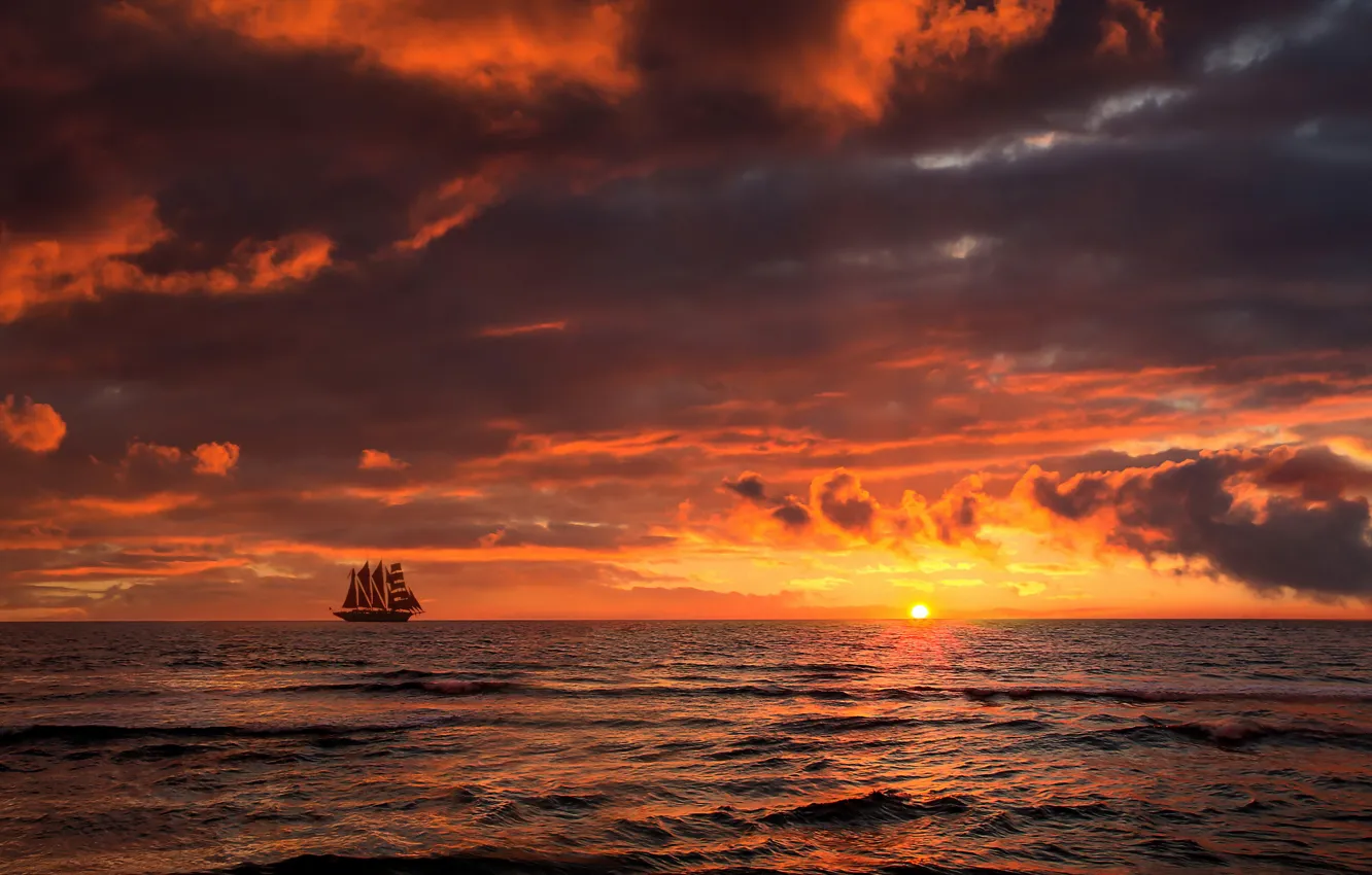Photo wallpaper sea, sunset, ship