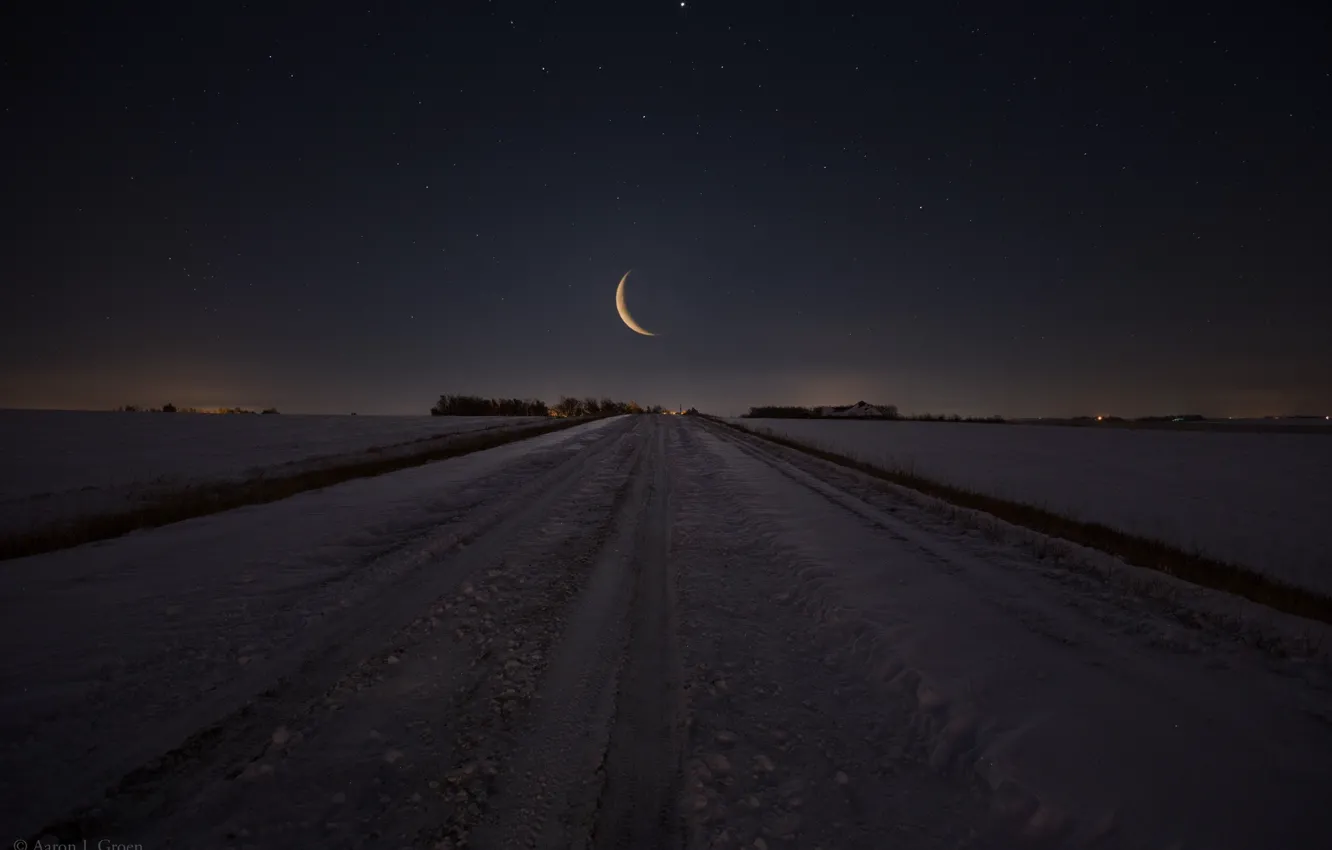 Photo wallpaper winter, road, field, stars, snow, the moon