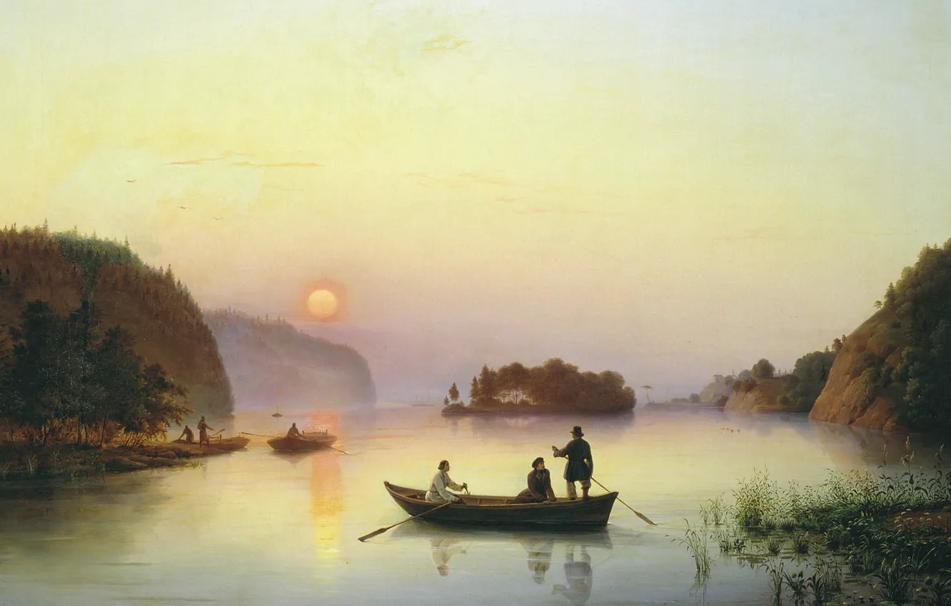 Photo wallpaper landscape, river, boat, oil, picture, canvas, Crossing N.In.Gogol across the Dnieper, Anton Ivanov