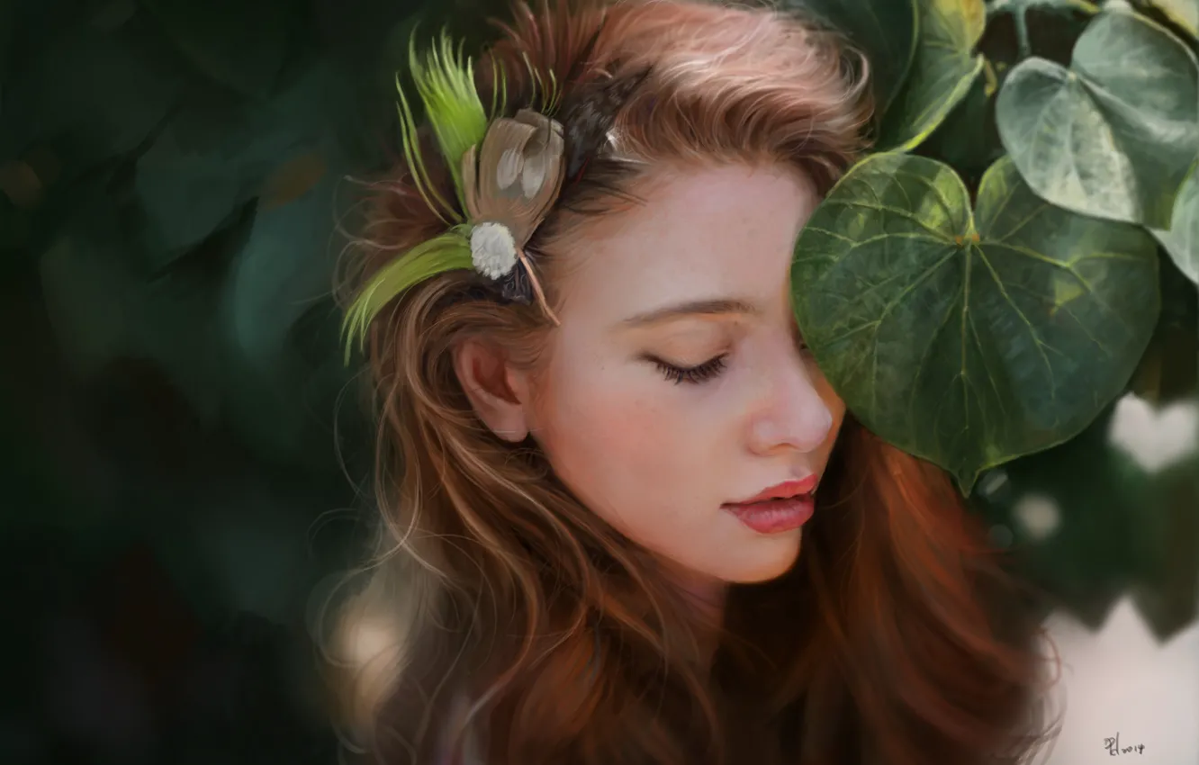 Photo wallpaper leaves, girl, face, foliage, feathers, art, barrette