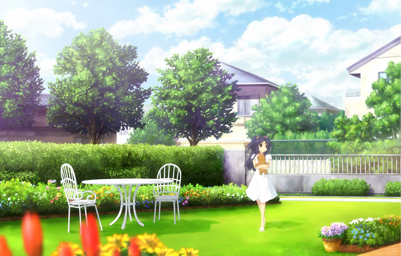 Photo wallpaper summer, table, home, garden, bear, flowerbed, clannad, flower garden