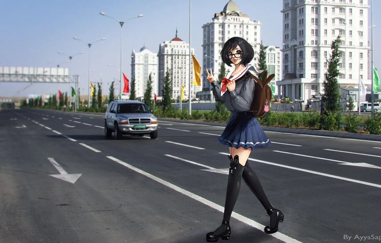 Photo wallpaper road, girl, the city, glasses, schoolgirl