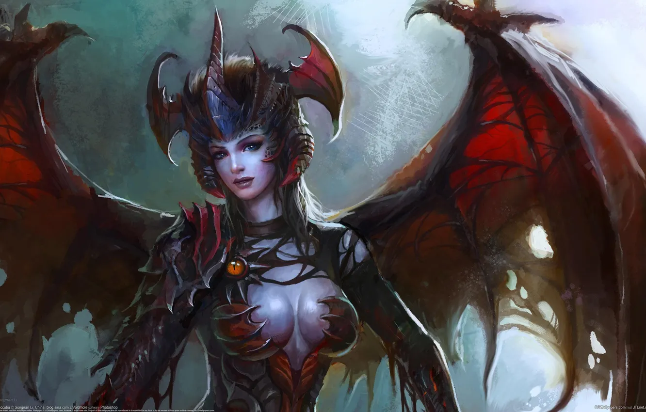 Photo wallpaper eyes, girl, wings, armor, the demon, art, songnan li