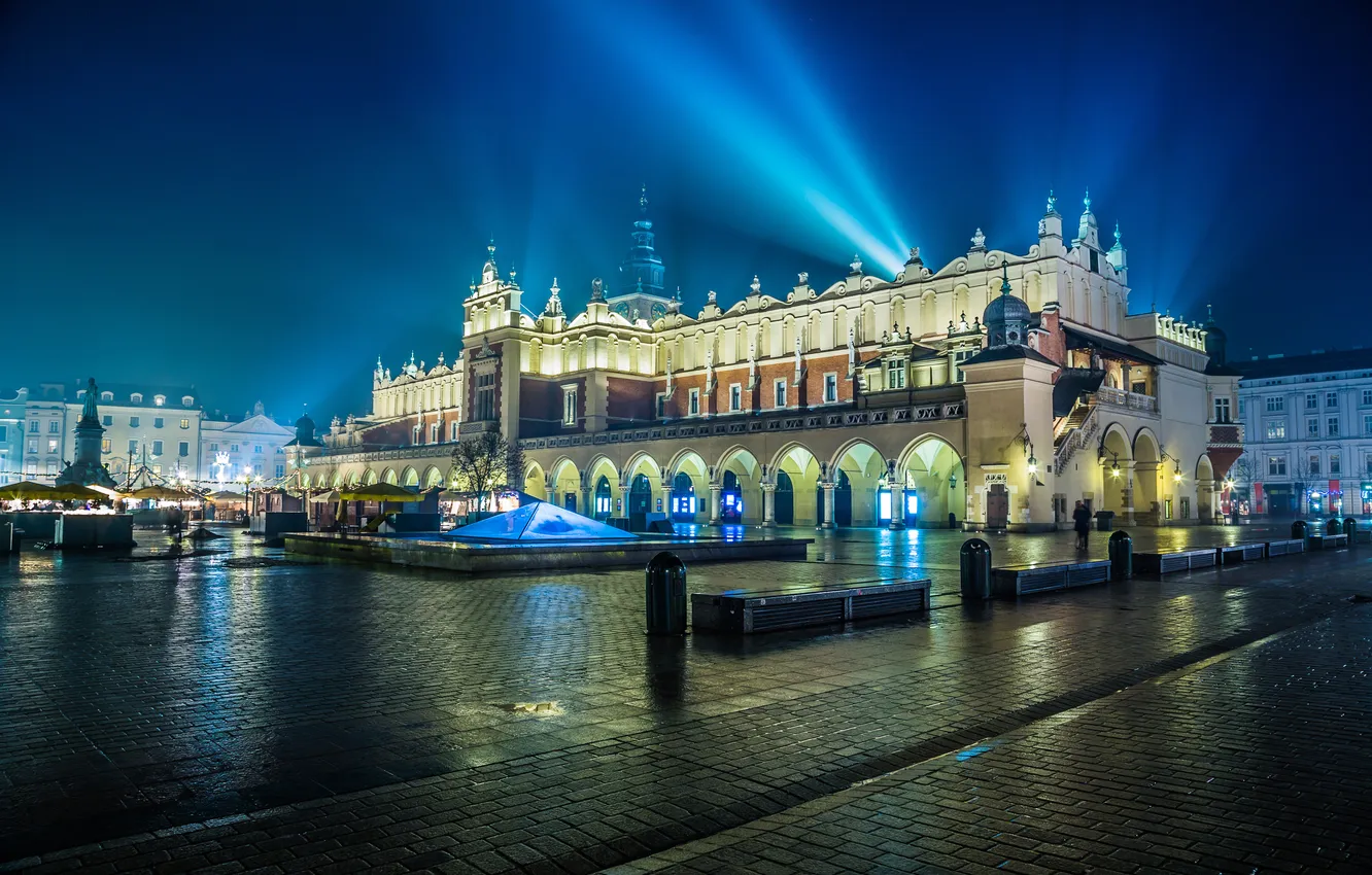 Photo wallpaper night, the city, building, Poland, monument, a beam of light, Krakow