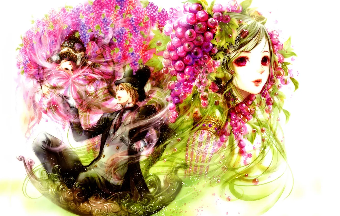 Photo wallpaper face, costume, hasty, cylinder hat, the guy with the girl, crimson hair, a bunch of …