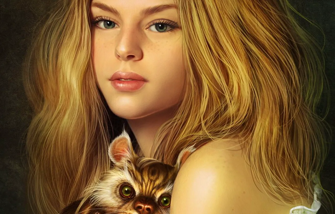 Photo wallpaper cat, girl, hair