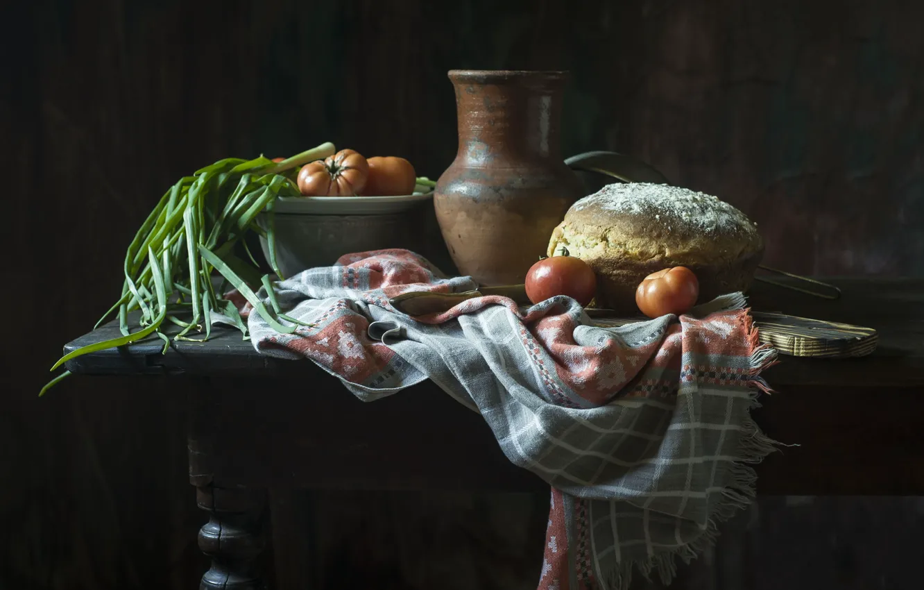 Photo wallpaper the dark background, table, food, towel, bow, bread, bowl, still life