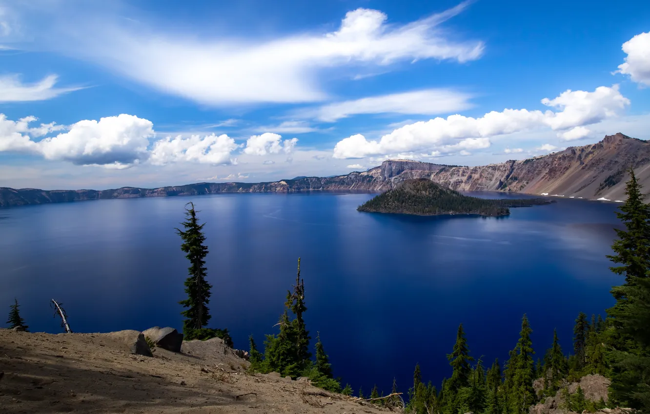 Photo wallpaper forest, clouds, mountains, blue, shore, height, pond