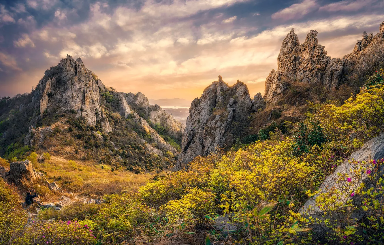 Photo wallpaper autumn, the sky, clouds, mountains, yellow, stones, rocks, foliage