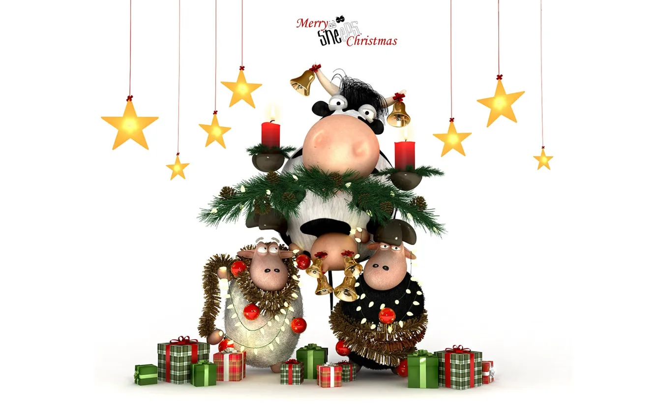 Photo wallpaper holiday, graphics, sheep, new year, Christmas, cow, stars, candles
