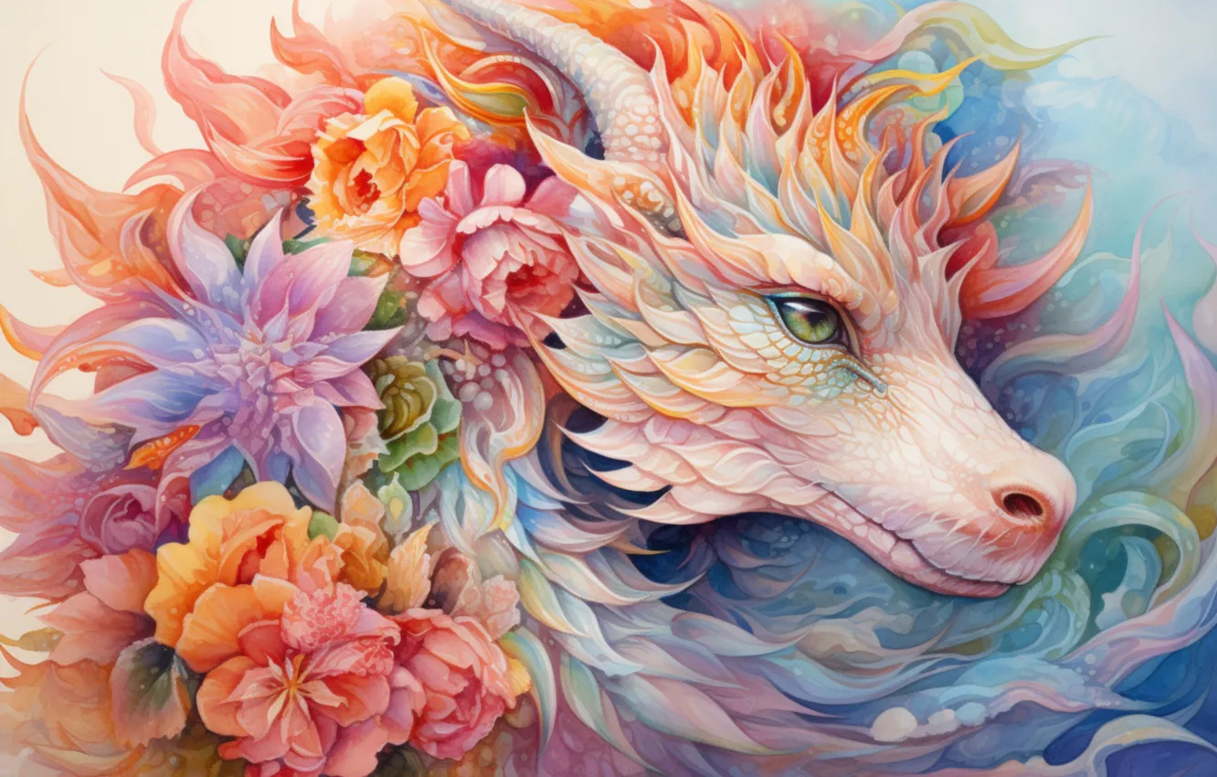 Photo wallpaper look, face, flowers, dragon, figure, graphics, portrait, ornament