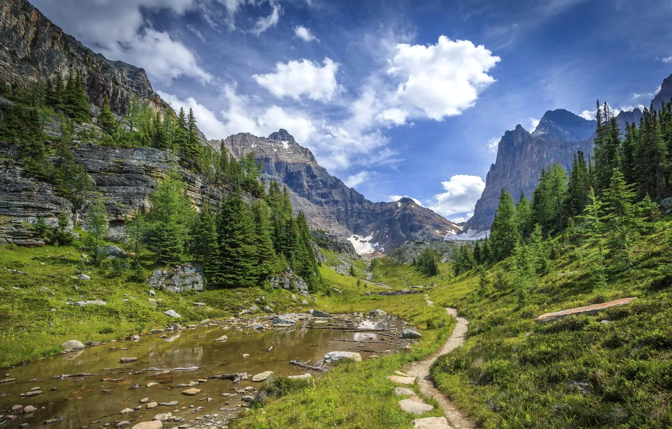 Photo wallpaper the sky, grass, water, clouds, trees, mountains, stones, rocks