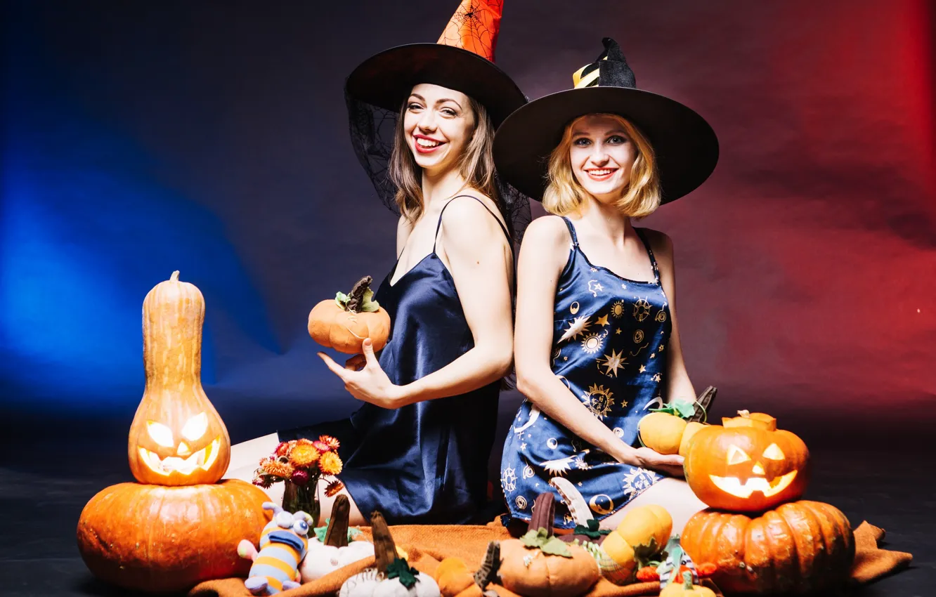 Photo wallpaper girl, holiday, candles, outfit, pumpkin, Halloween