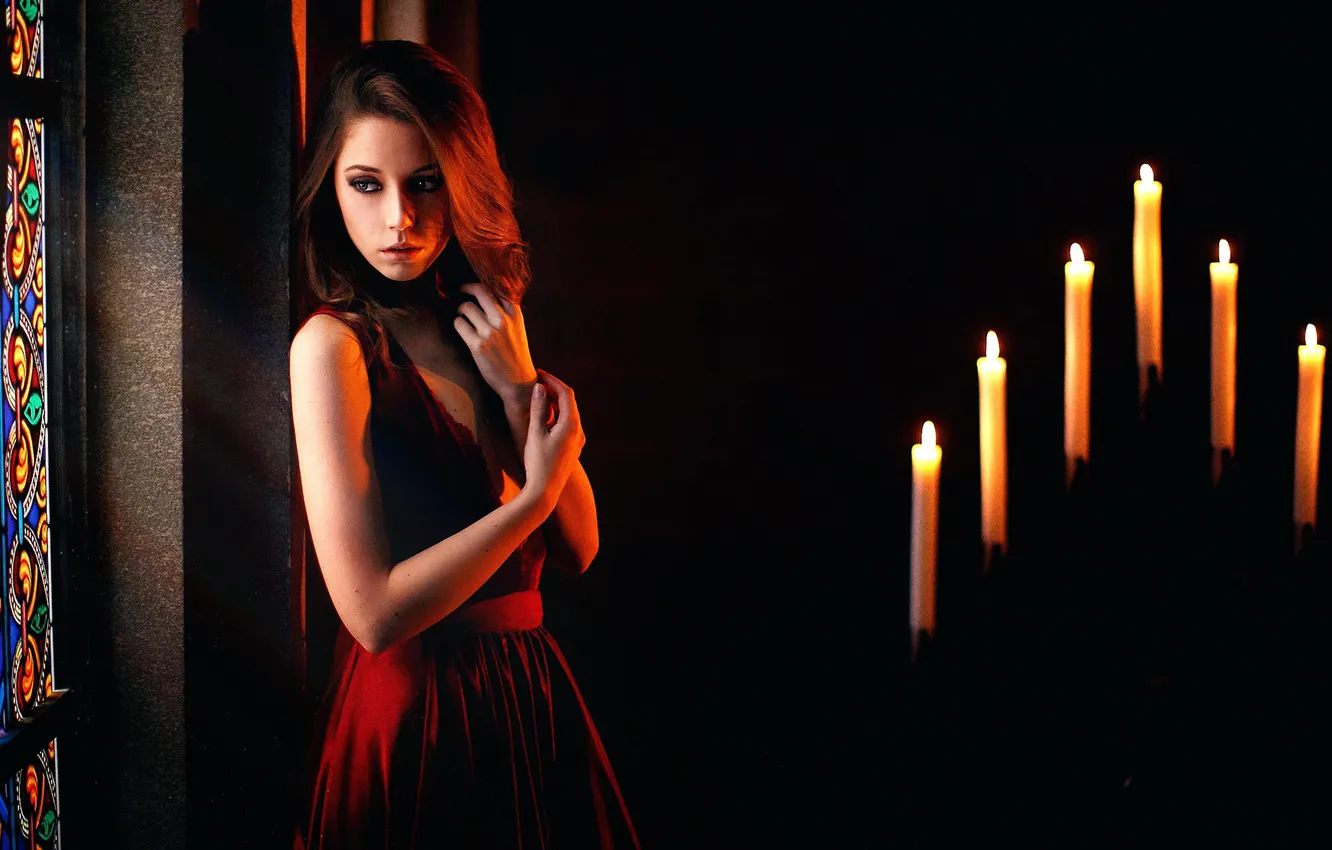Photo wallpaper model, candles, stained glass, Ksenia Kokoreva, In Thought