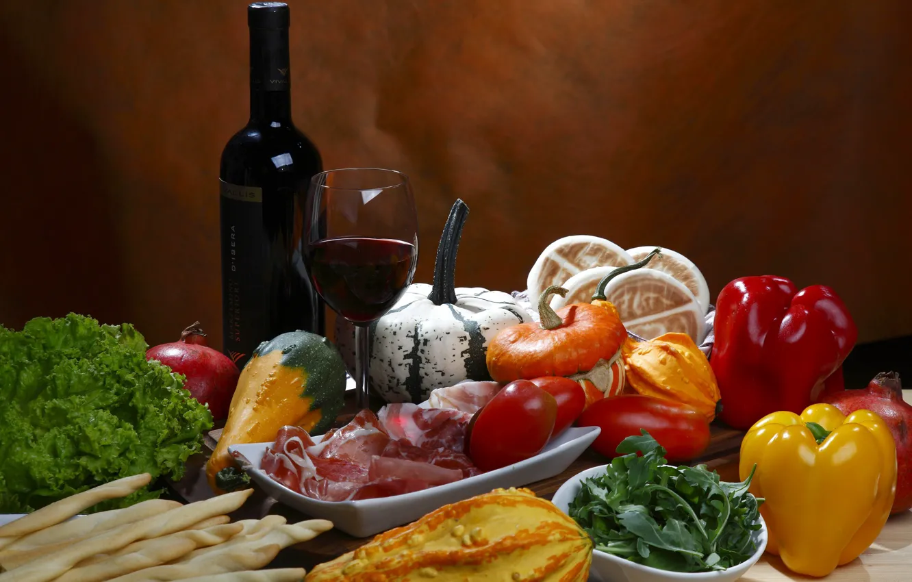 Photo wallpaper greens, table, wine, glass, bottle, food, meat, pepper