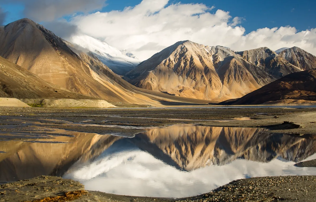 Photo wallpaper the sky, clouds, mountains, lake, reflection, Tibet, mountains, clouds