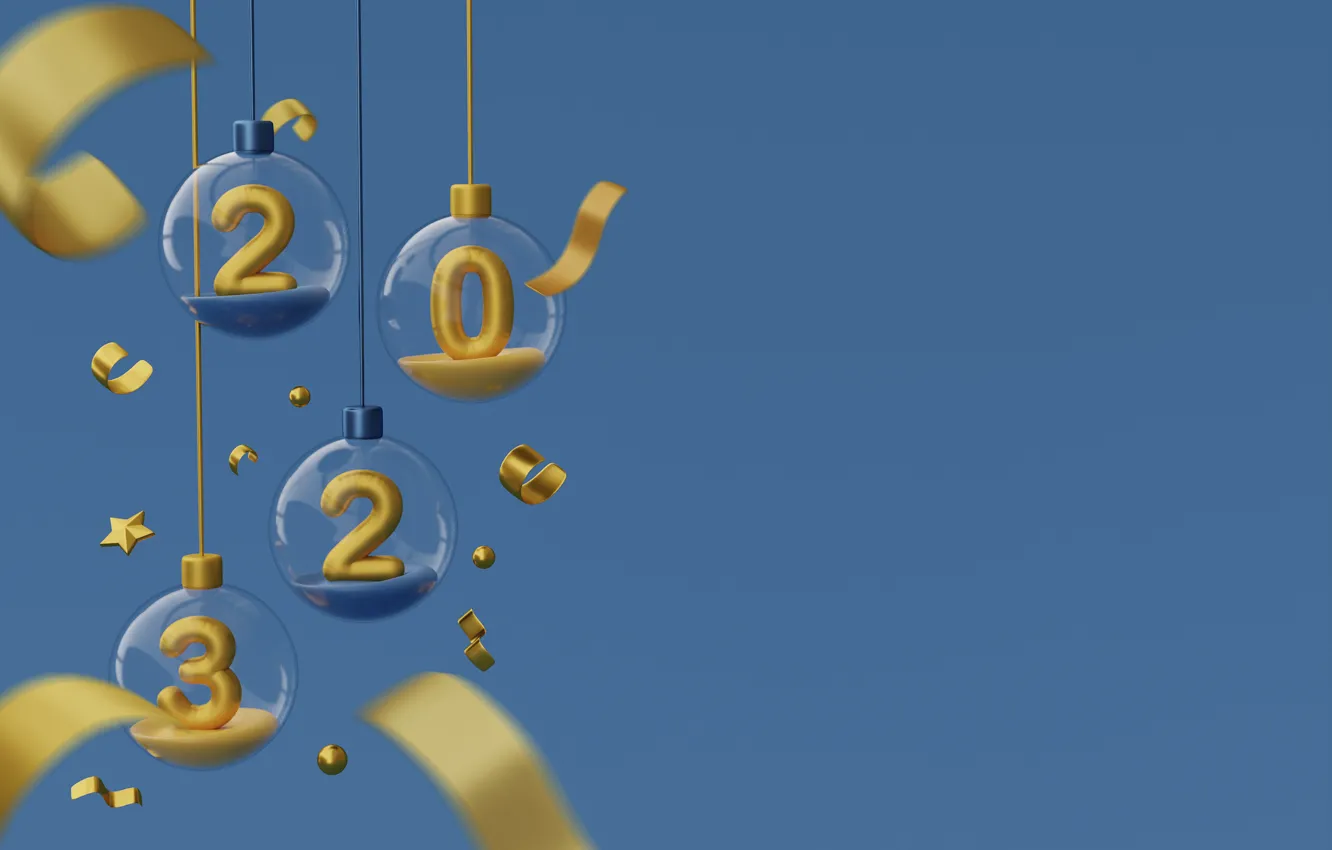 Photo wallpaper balls, yellow, transparent, new year, figures, blue background, hanging, date