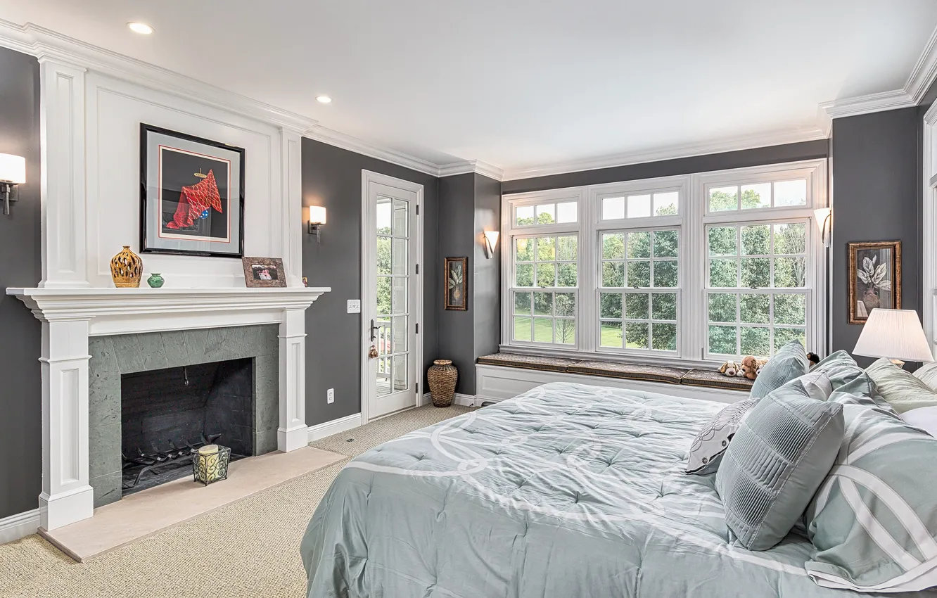 Photo wallpaper design, bed, fireplace, bedroom