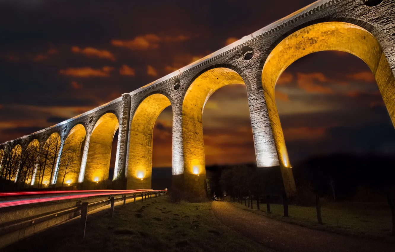 Photo wallpaper road, night, lights, Viaduct