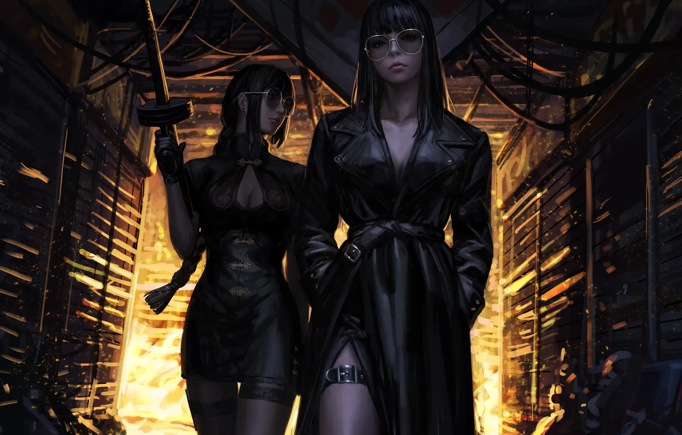 Photo wallpaper Women, artwork, concept art, drawing, girls with guns, coats, original characters, cheongsam