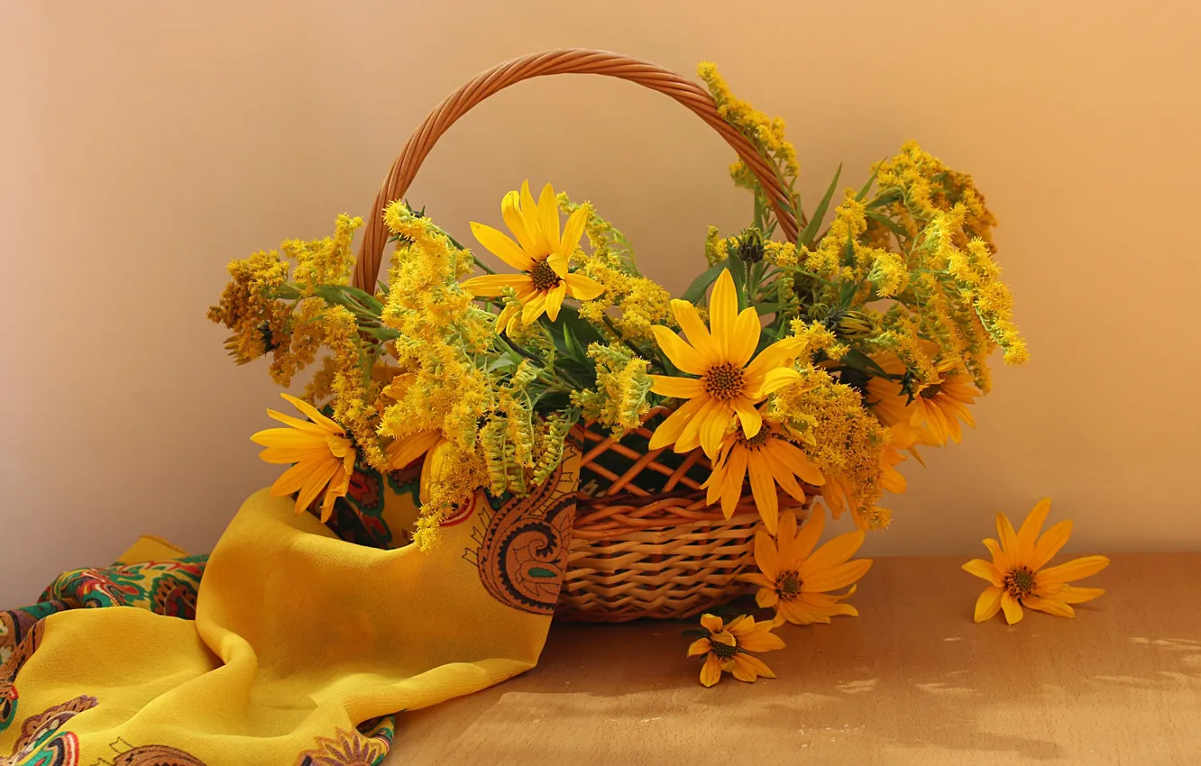 Photo wallpaper autumn, flowers, basket, still life, goldenrod