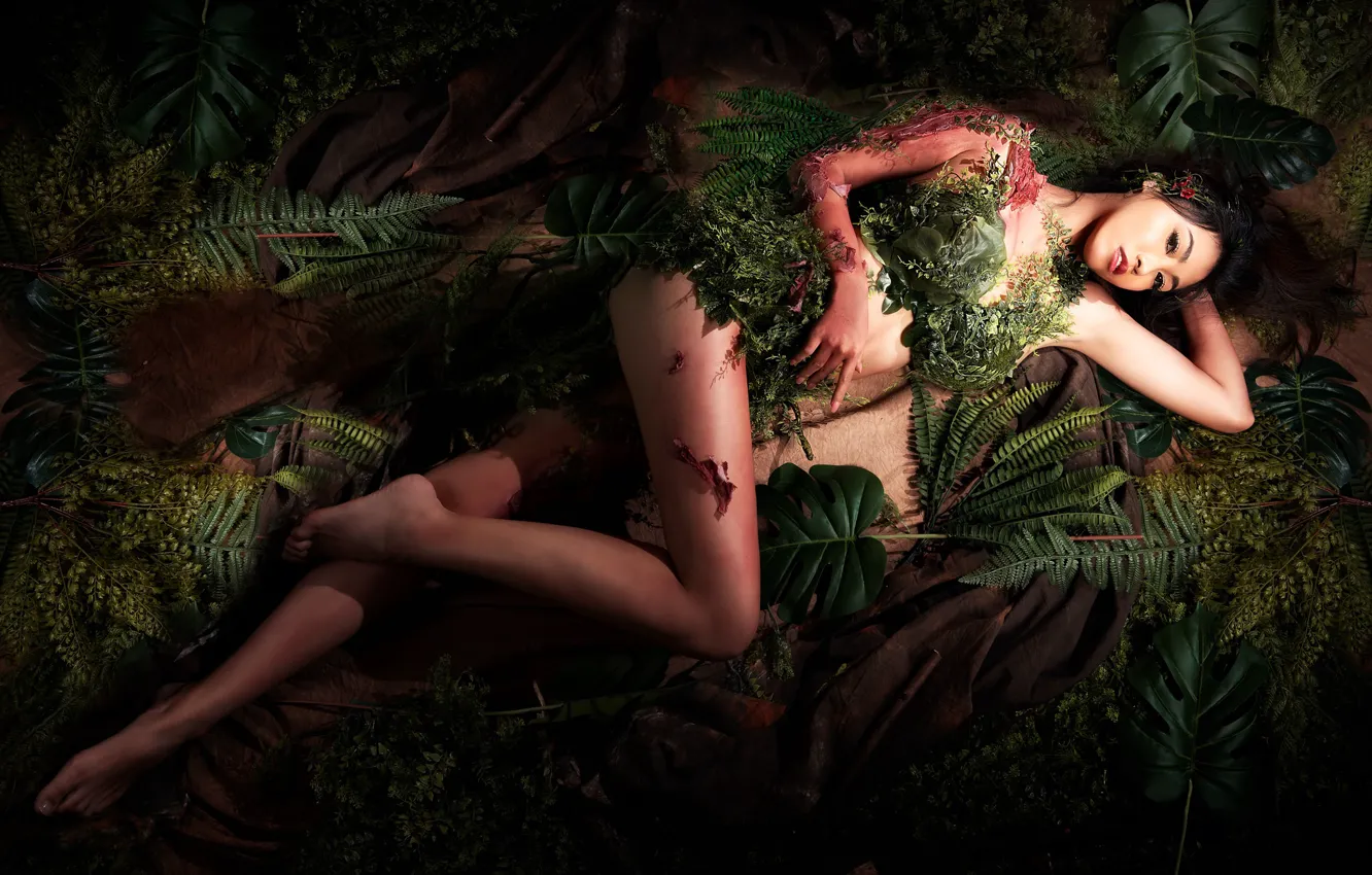 Photo wallpaper look, leaves, girl, light, face, sexy, pose, style