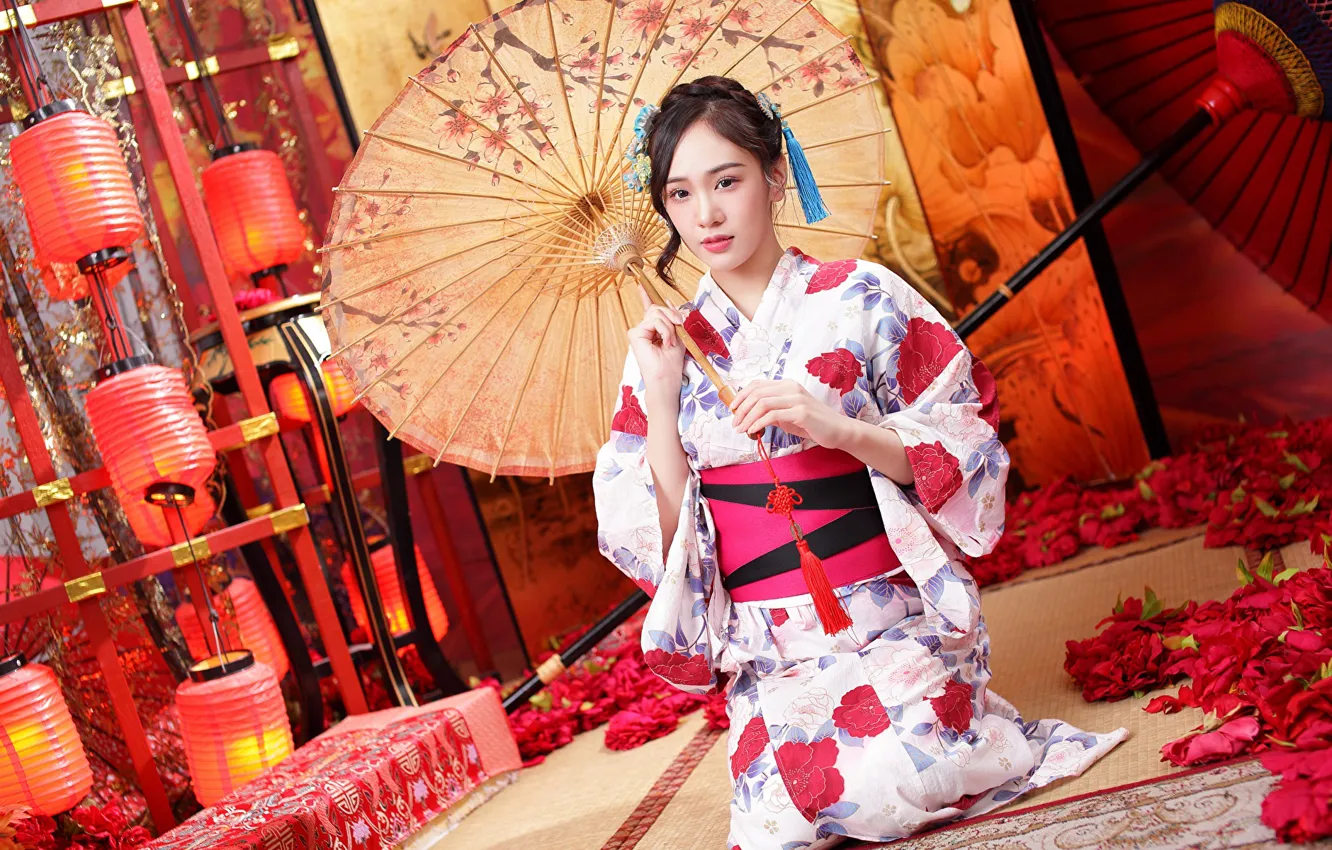 Photo wallpaper look, flowers, umbrella, kimono, lanterns, brown eyes, umbrella, flowers