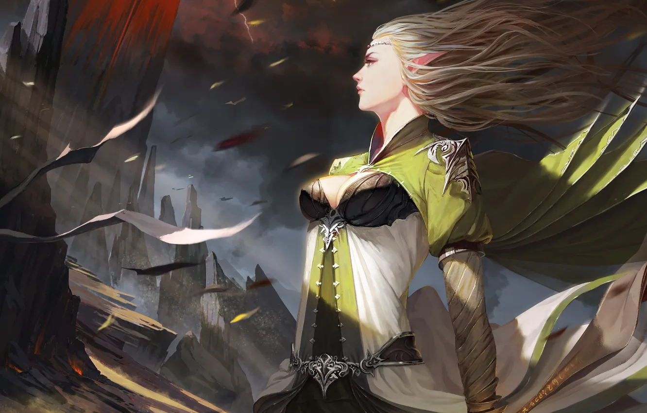 Photo wallpaper girl, mountains, the wind, art, elf