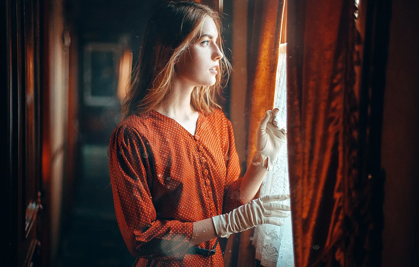 Photo wallpaper Girl, Look, Light, Hair, Dress, Orange