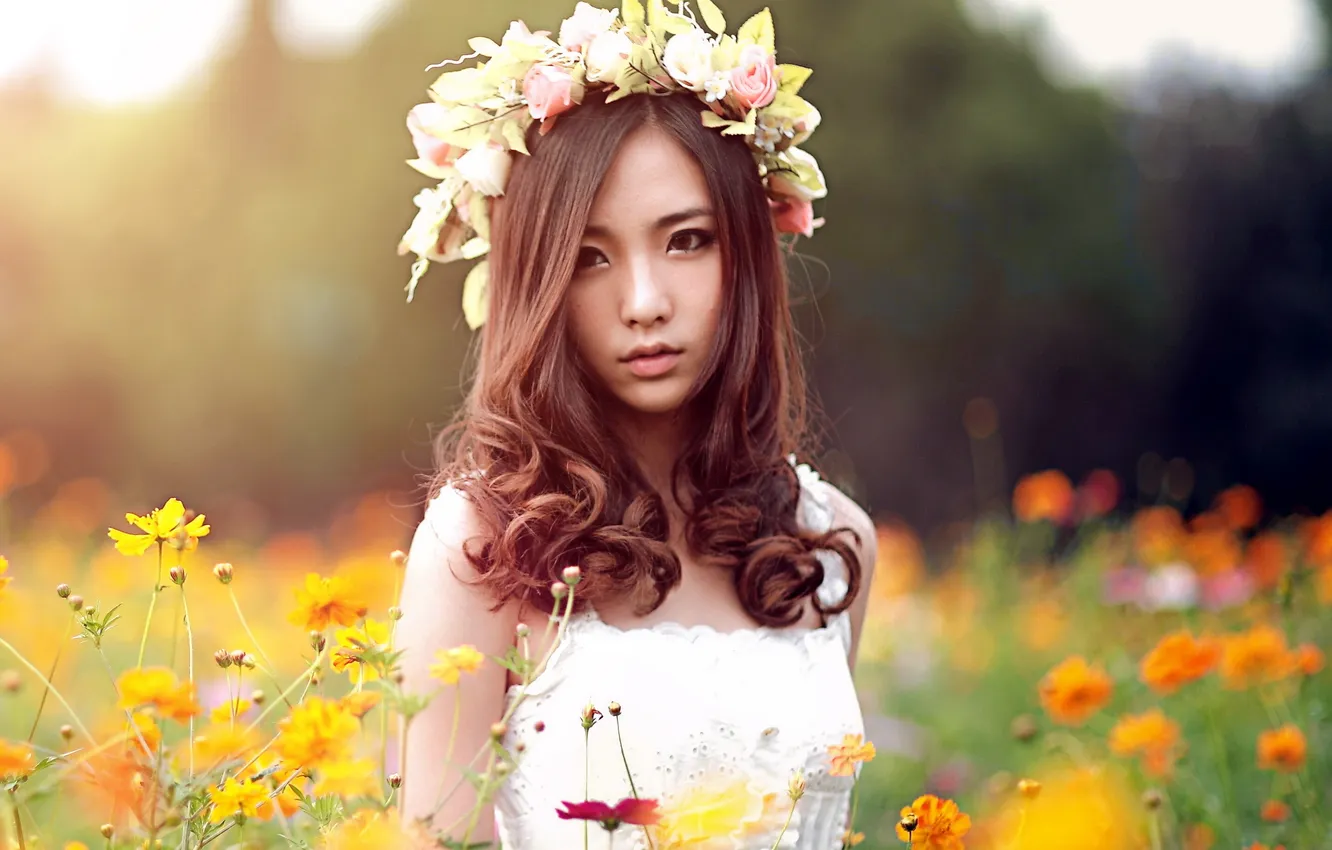 Photo wallpaper girl, mood, wreath