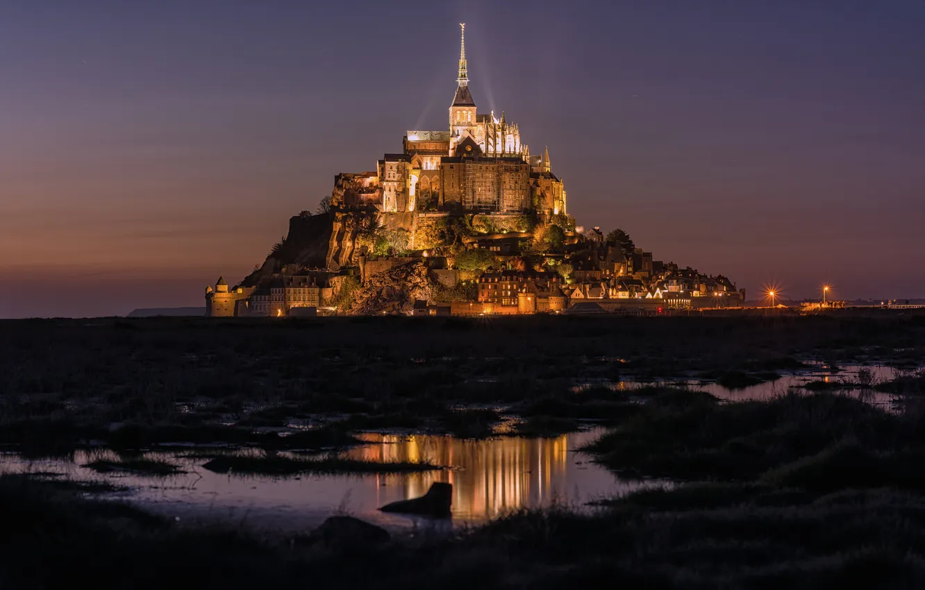 Photo wallpaper castle, France, island, the evening, fortress, Mont-Saint-Michel, Mont Saint-Michel
